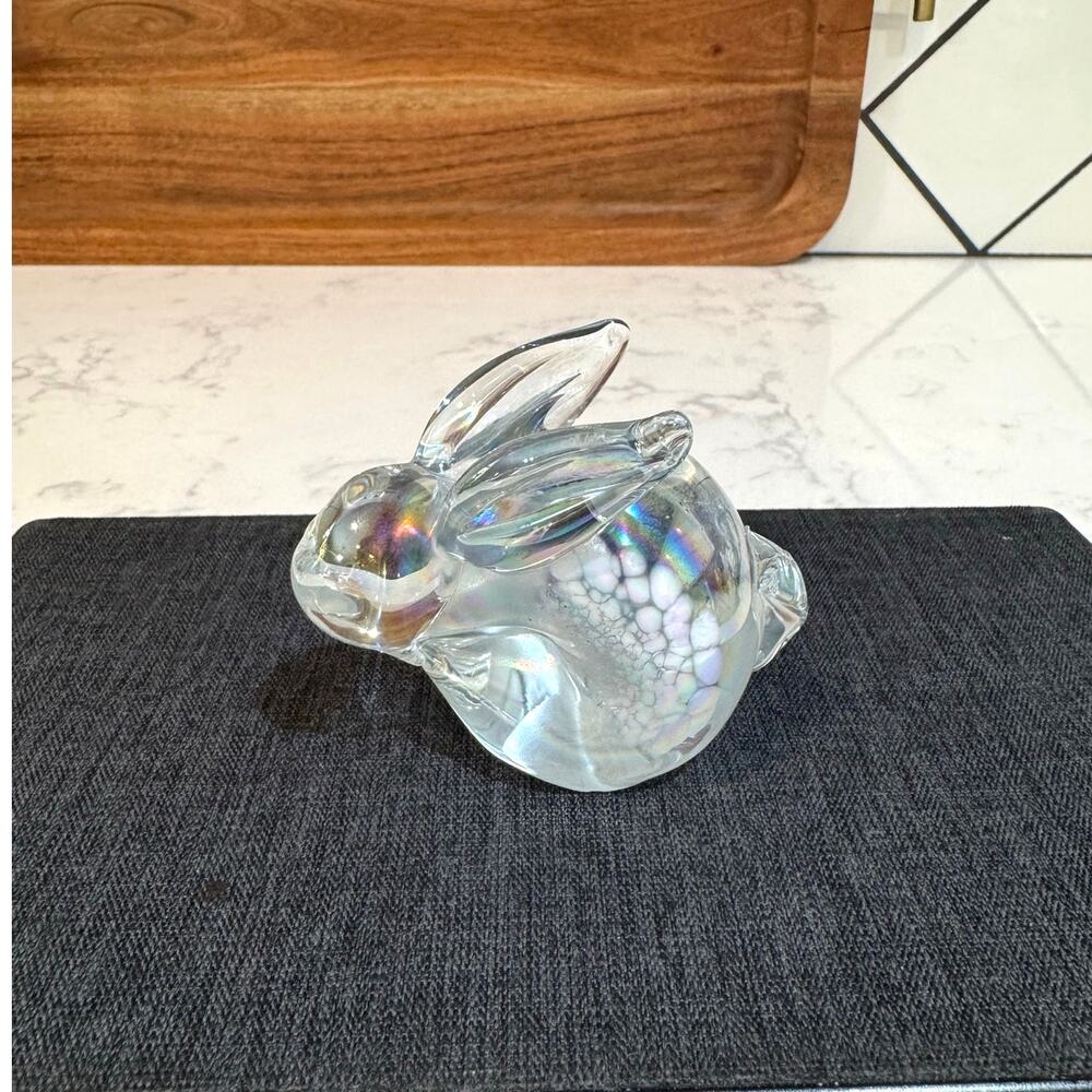 clear art glass bunny rabbit paperweight figurine iridescent controlled-bubble